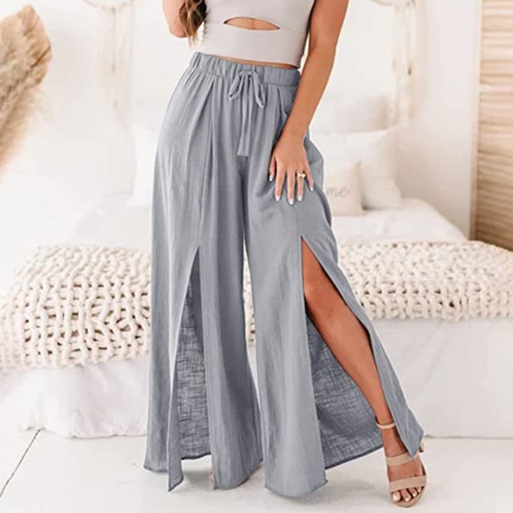 Boutique NWT Grey Boho Linen High Waist Split Flowy Wide Leg Pants, S